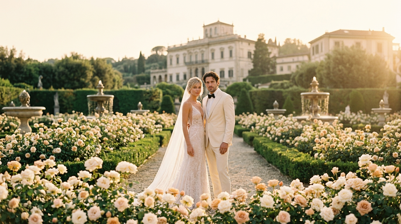 Sofía & Mateo in a rose garden at golden hour