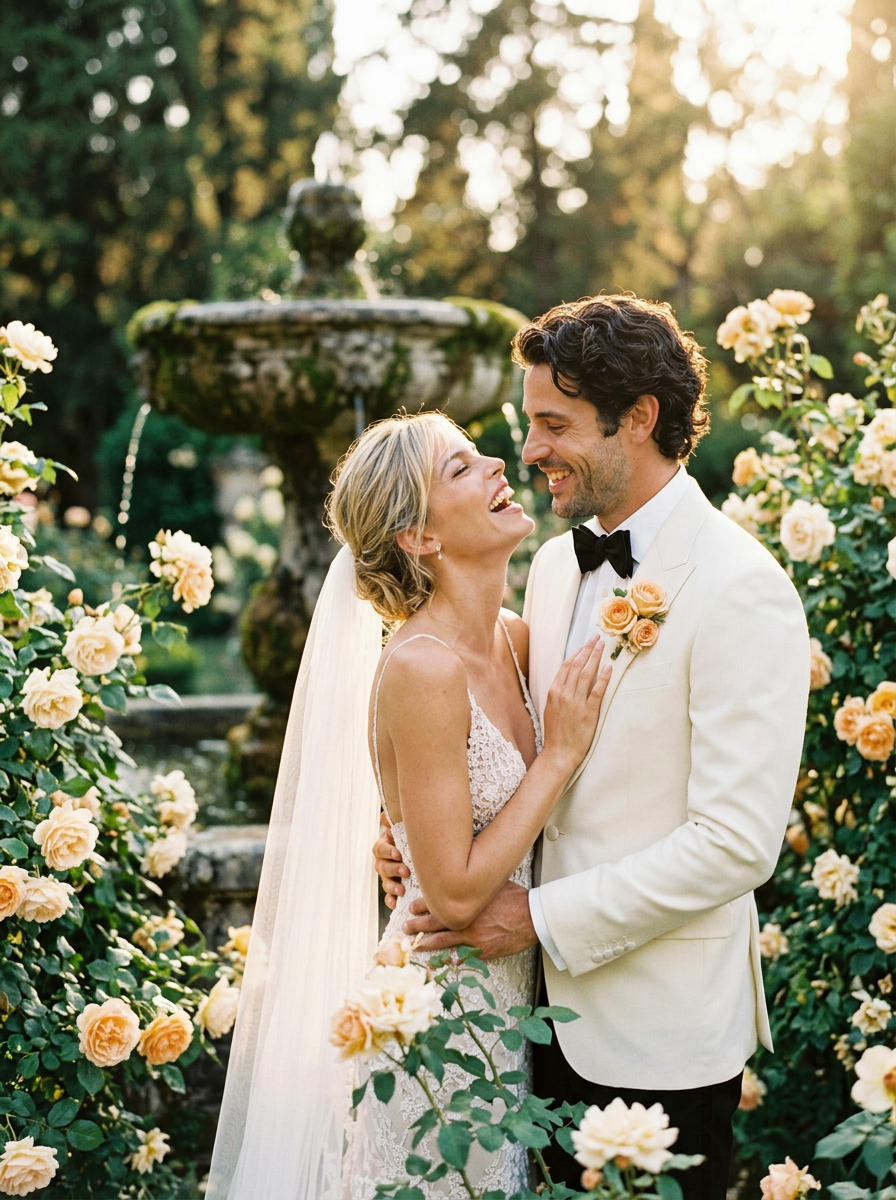 Sofía and Mateo laughing among roses